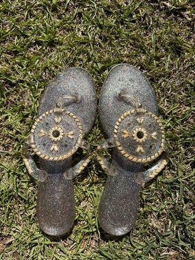 Jack Rogers Clear Glitter Jelly Sandals with Gold Rope Medallion